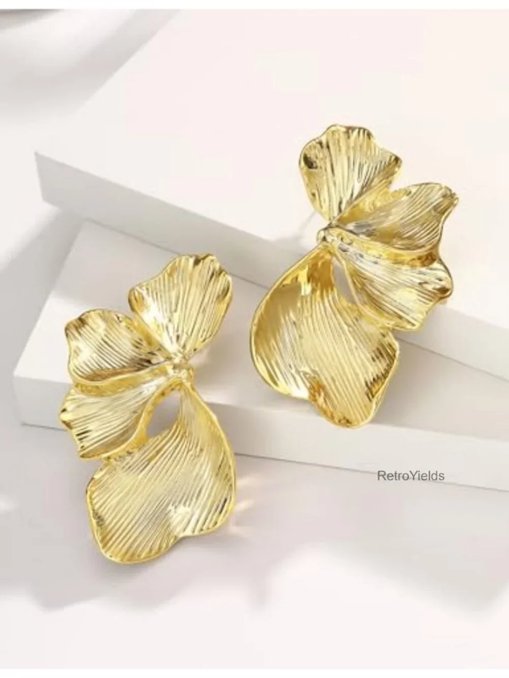 Large Lightweight Dangle Earrings for Women Floral Petal Design 14K Gold Plated